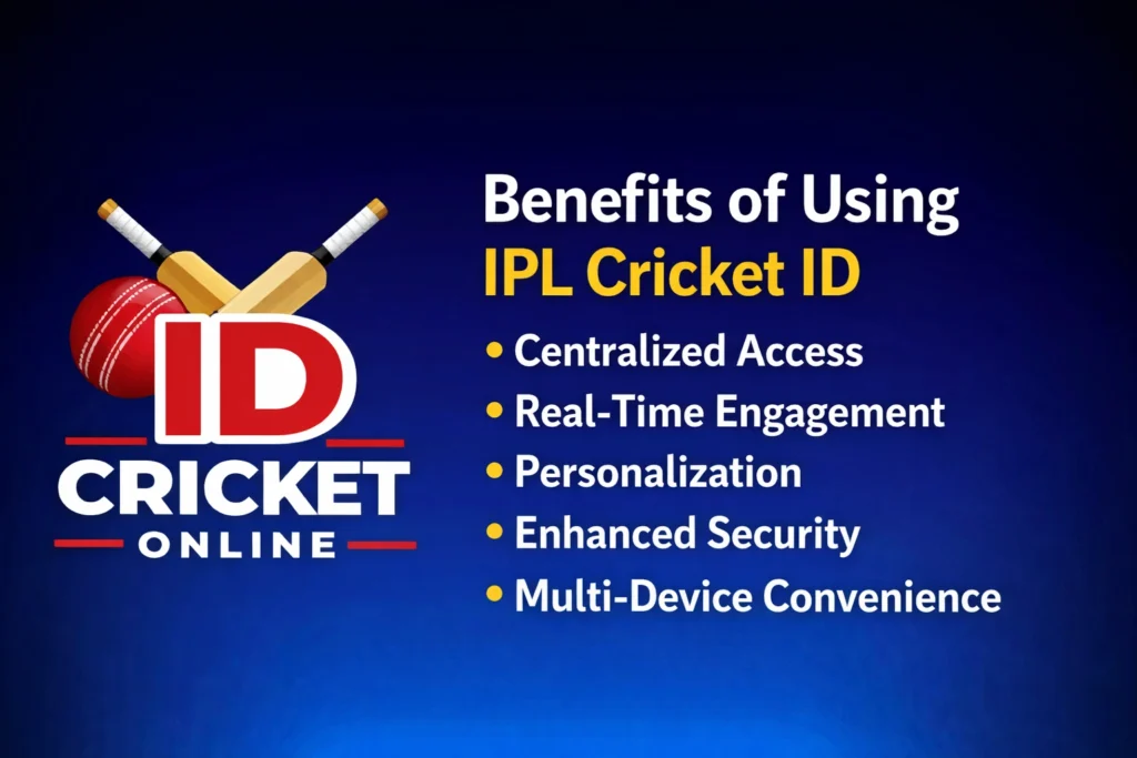 Benefits of IPL Cricket ID with logo showing secure access, real-time updates and personalized cricket experience