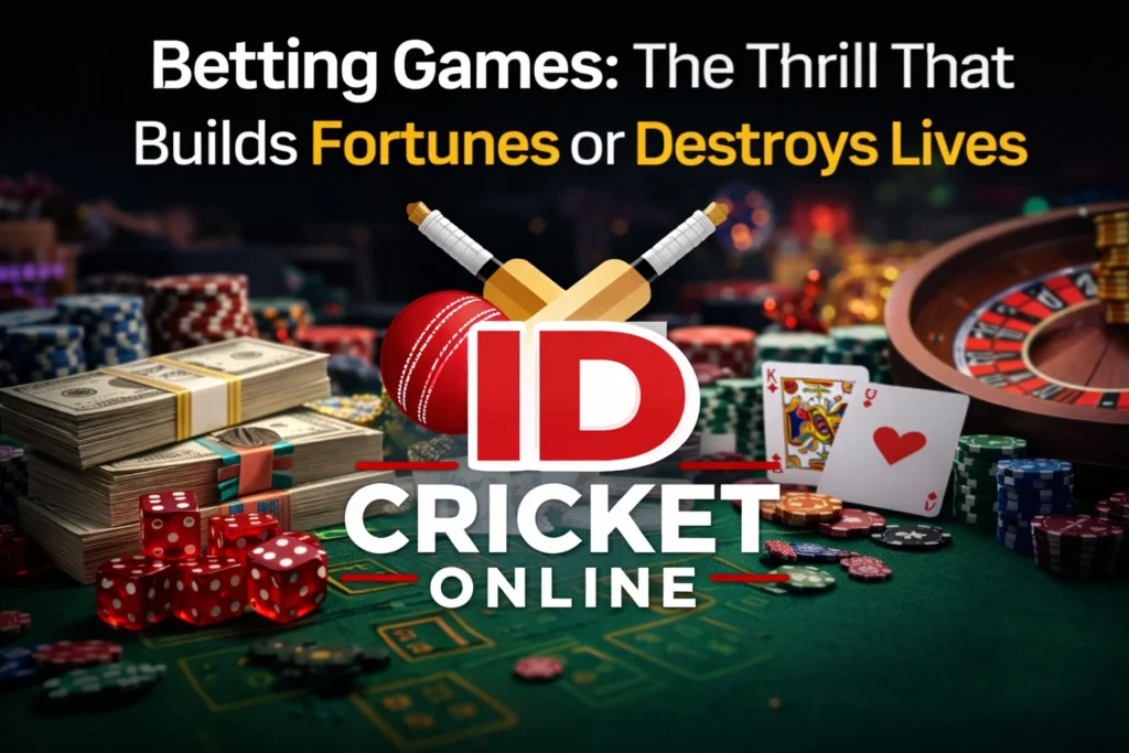 Betting games banner showing cricket ID logo with casino chips, cards, and money representing profits and risks