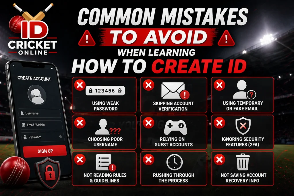 Common mistakes to avoid when learning how to create ID in online gaming with cricket ID logo and security warning icons