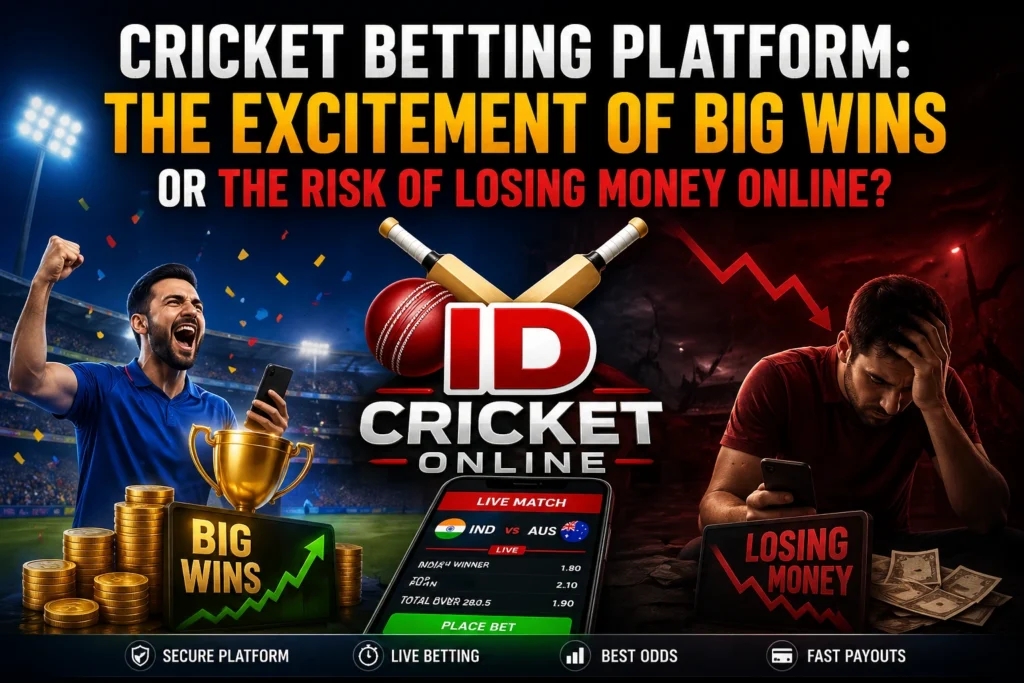 Cricket betting platform showing big wins excitement and risk of losing money in online gaming