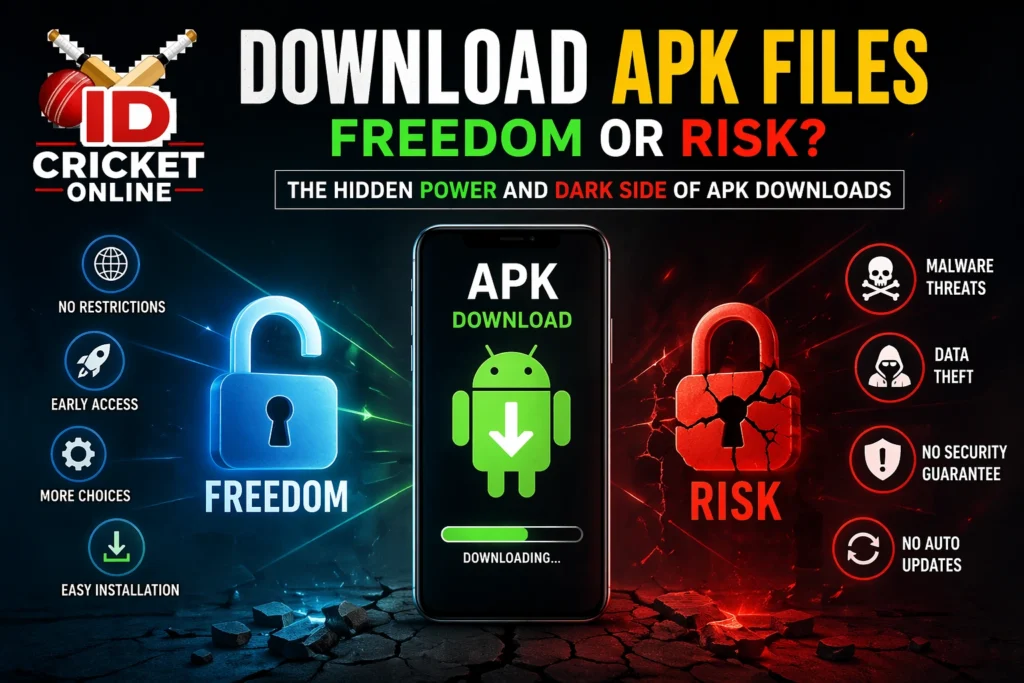 Download APK files freedom vs risk illustration showing security threats and benefits