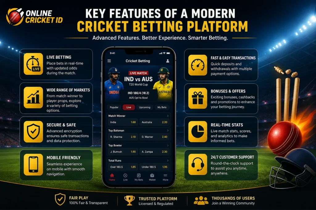 Key features of a modern cricket betting platform including live betting, secure payments and real time stats