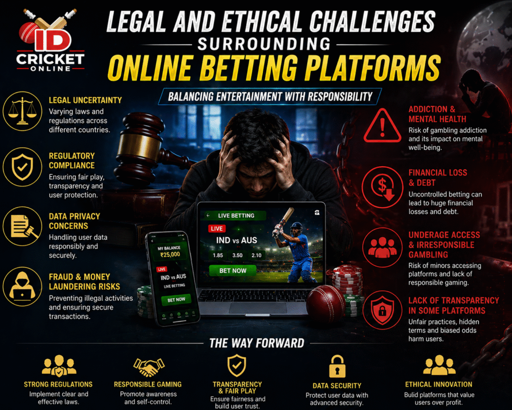 Legal and ethical challenges of online betting platforms showing gambling risks, data privacy issues, addiction, and regulatory concerns