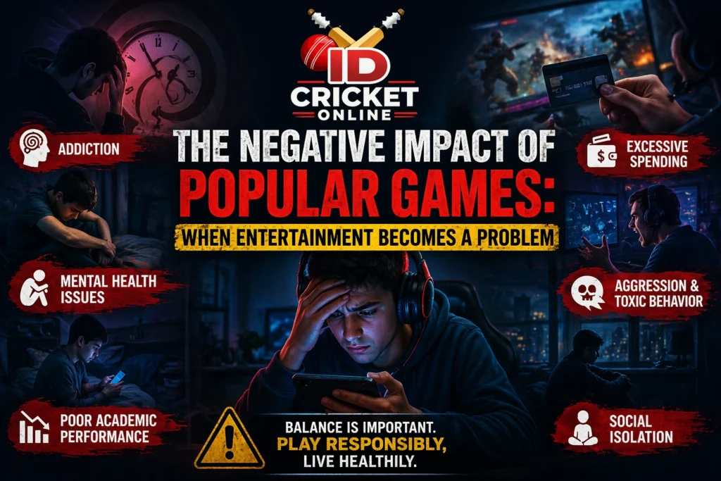 negative impact of popular games showing gaming addiction, mental stress, and excessive screen time with ID Cricket Online logo