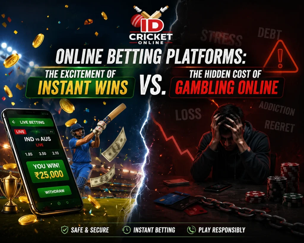 Online betting platforms showing instant wins excitement vs hidden risks of gambling online with cricket betting app and stress concept