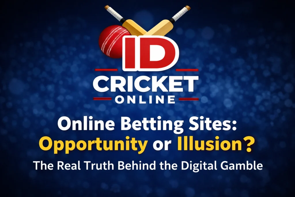 Online Betting Sites Opportunity or Illusion graphic with Cricket ID logo and digital gambling theme