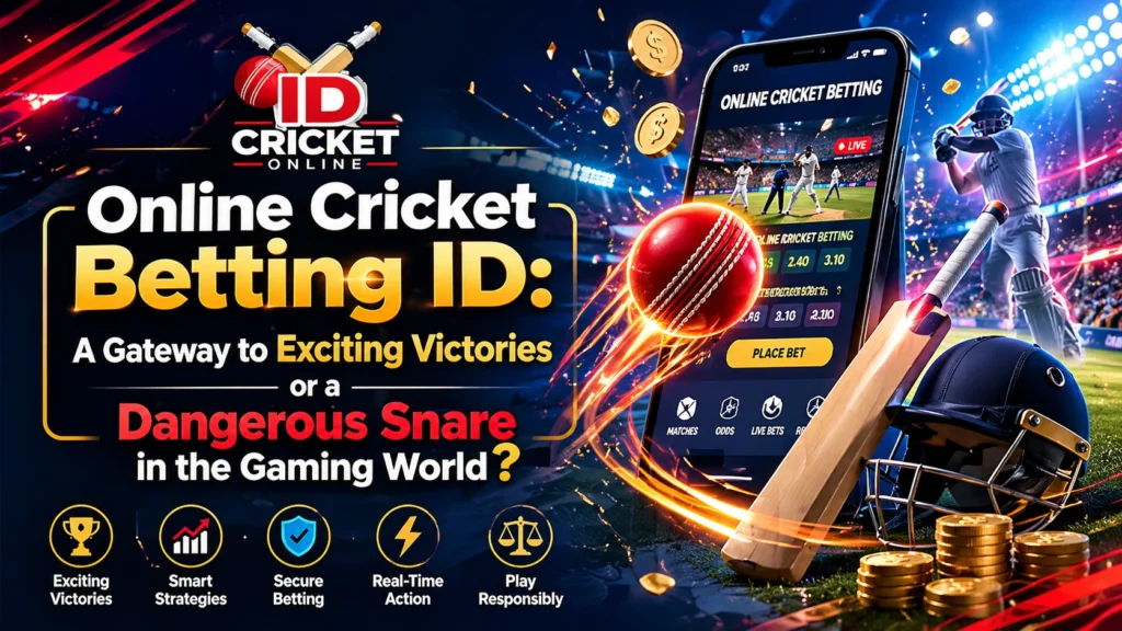 Online Cricket Betting ID banner showing exciting victories vs dangerous risks in gaming world