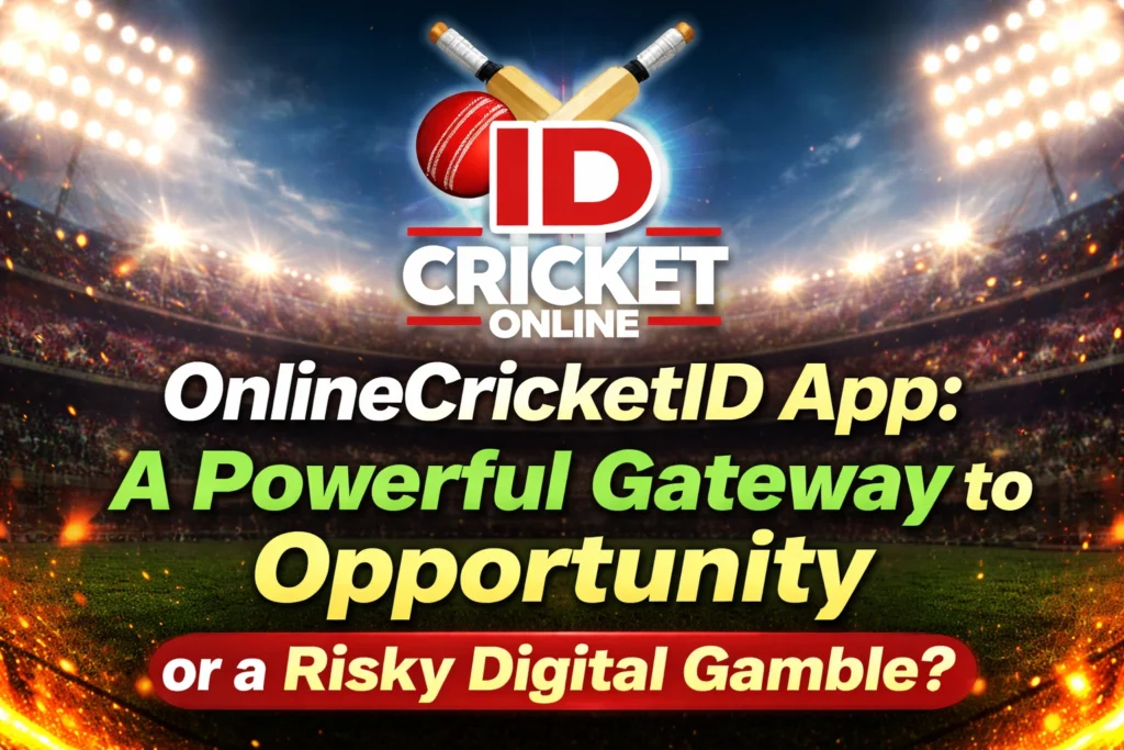 OnlineCricketID App banner showing cricket stadium background with logo and title powerful gateway to opportunity or risky digital gamble