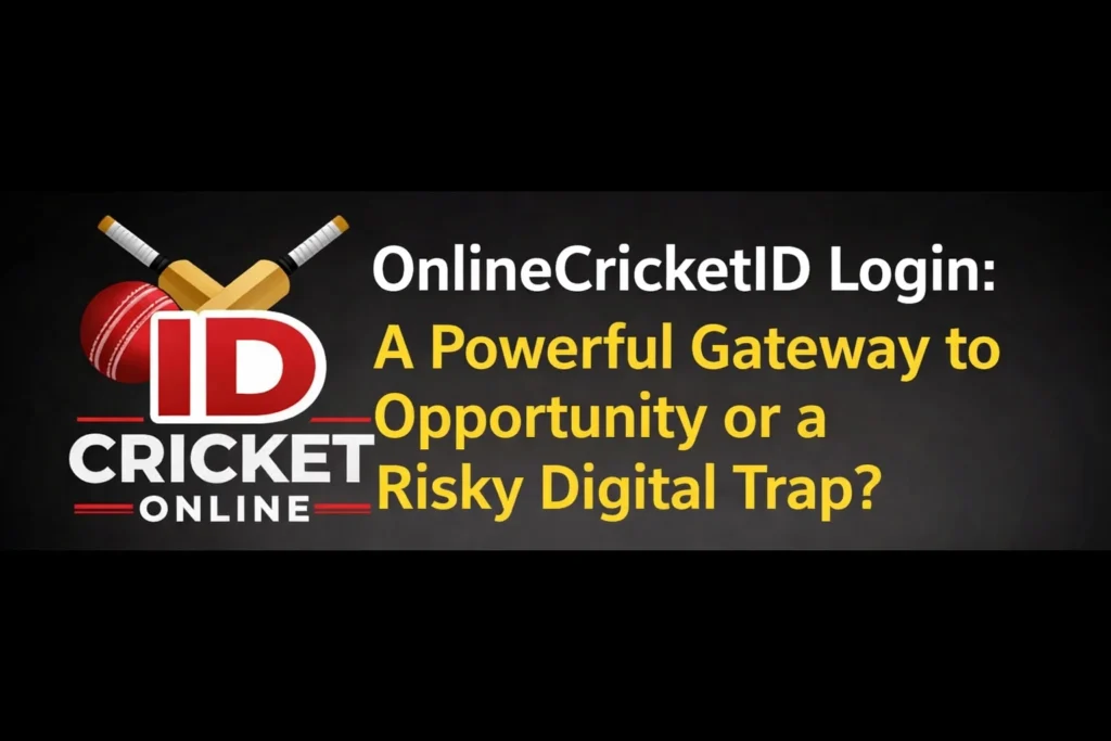 OnlineCricketID Login banner showing cricket logo with bats and ball highlighting opportunity vs risk concept