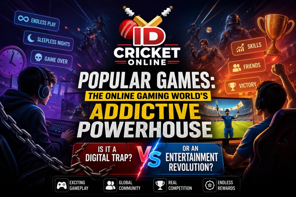Popular games online gaming concept showing addictive gameplay vs entertainment benefits with ID Cricket Online logo