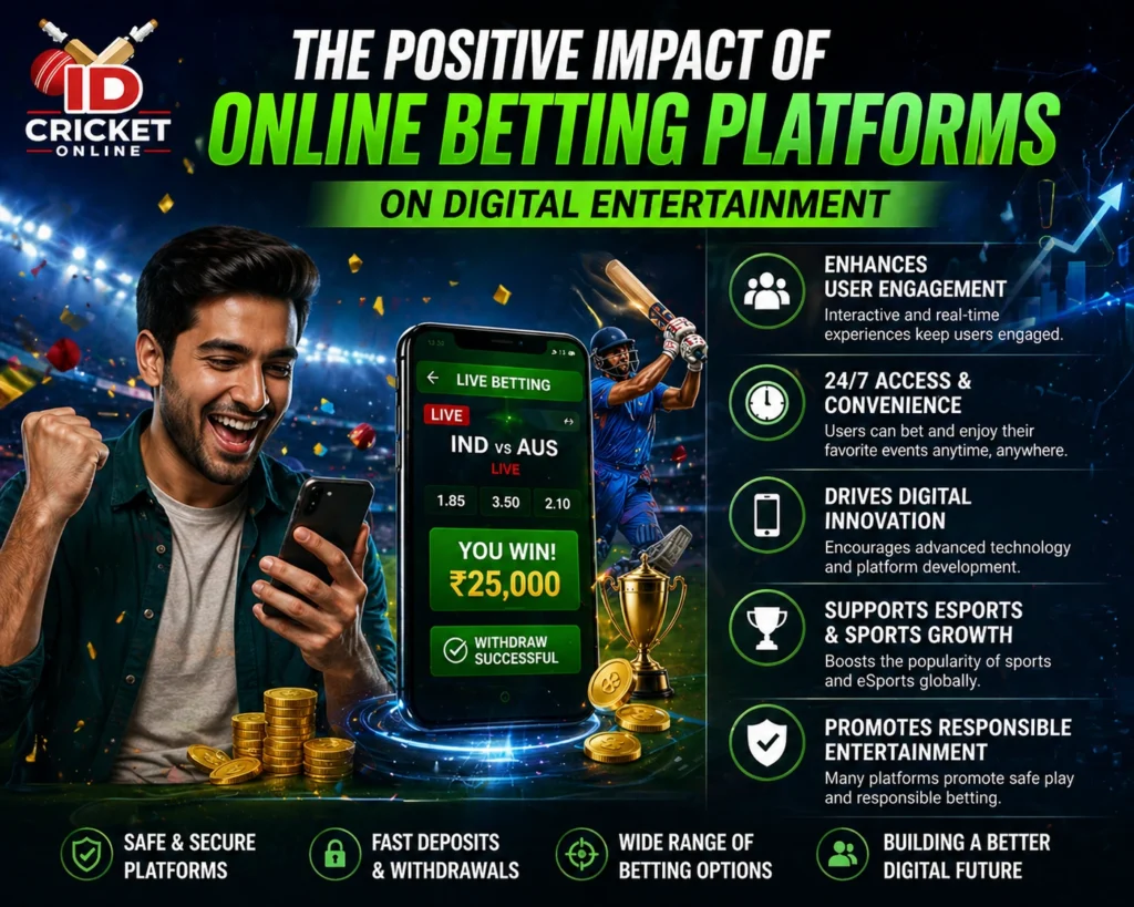 Positive impact of online betting platforms on digital entertainment showing cricket betting app, live gaming, and instant rewards