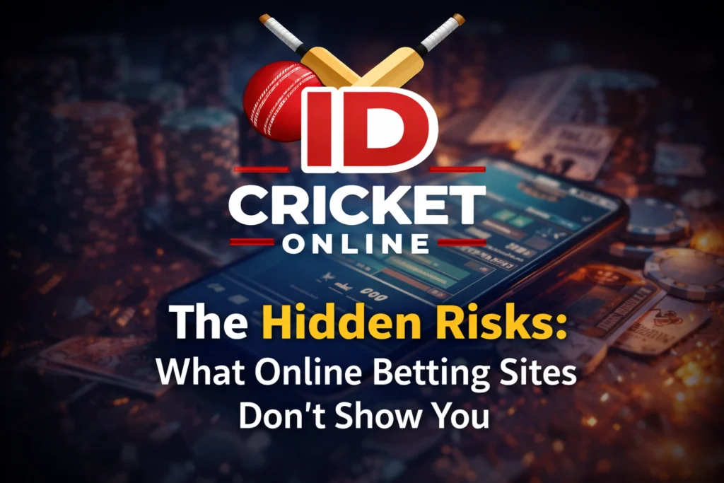 The Hidden Risks of Online Betting Sites graphic with Cricket ID logo and digital gambling concept