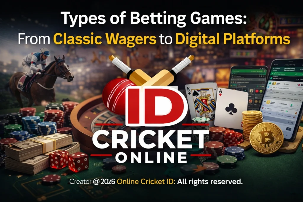 Types of betting games banner with cricket ID logo, casino chips, sports betting, poker cards, and digital gaming elements