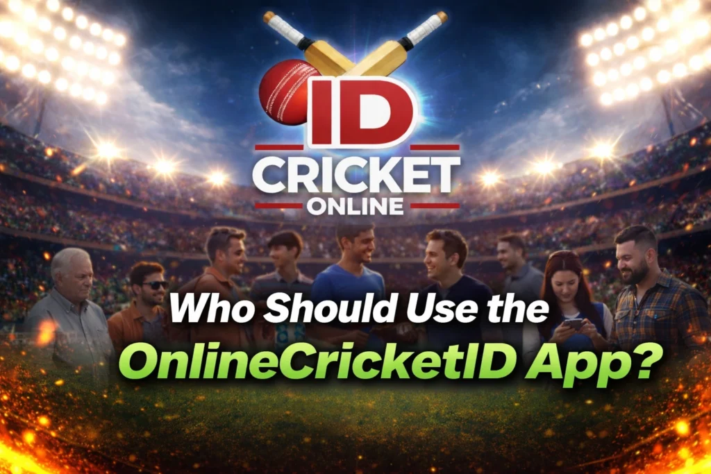 Who should use OnlineCricketID App banner with cricket stadium background and OnlineCricketID logo