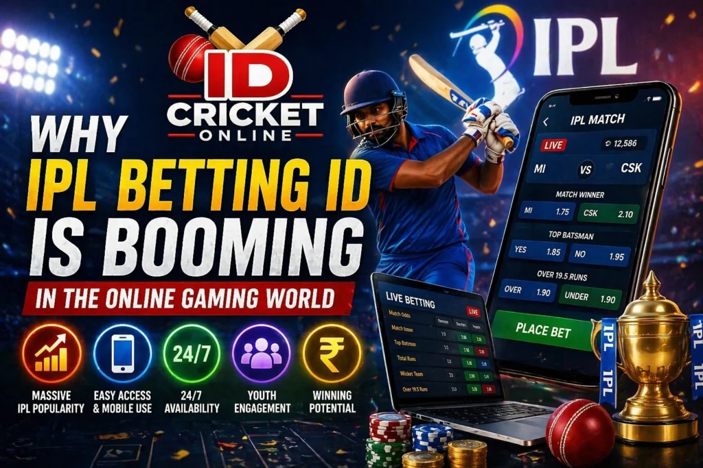 Why IPL Betting ID is booming in online gaming showing cricket match, mobile betting interface, and digital growth concept